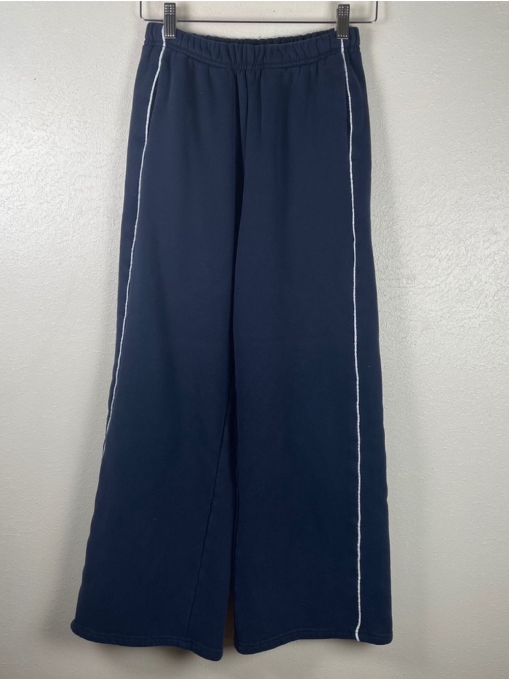 Edikted Navy Wide Leg Sweatpants with White Side Piping